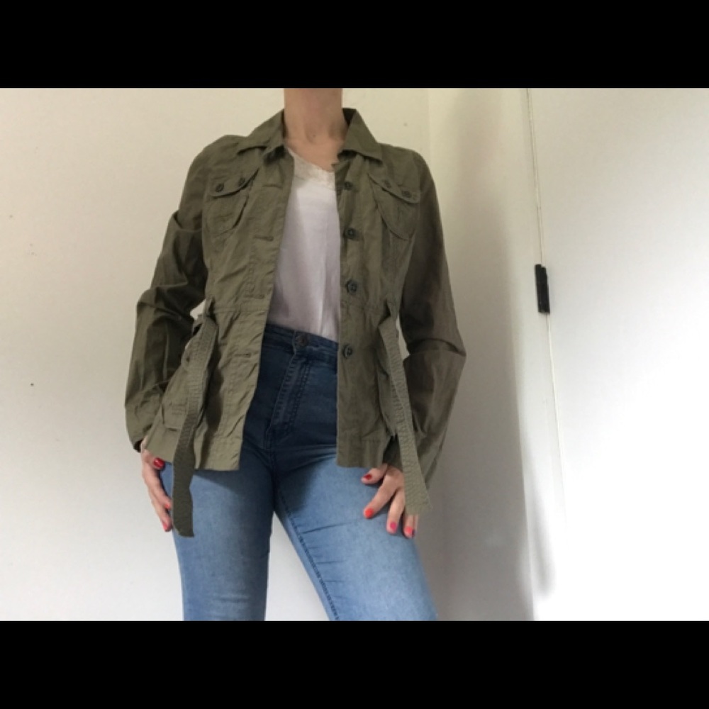 Calvin Klein Jeans Army Shirt/Jacket Y2K Button Down Tie Waist Olive Green - Picture 8 of 15